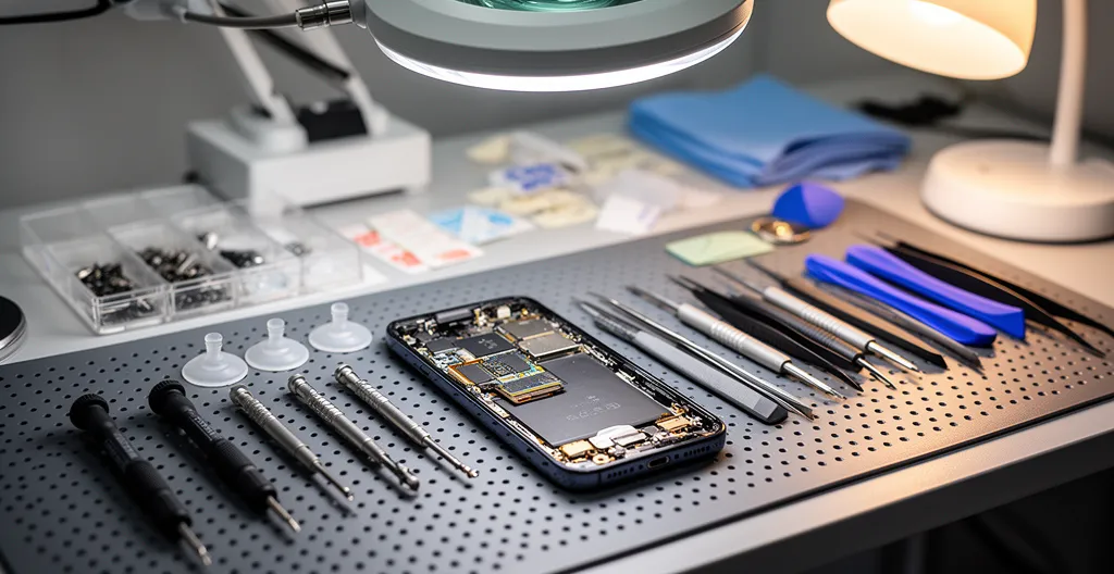Outils de précision et smartphone ouvert sur un poste de réparation
